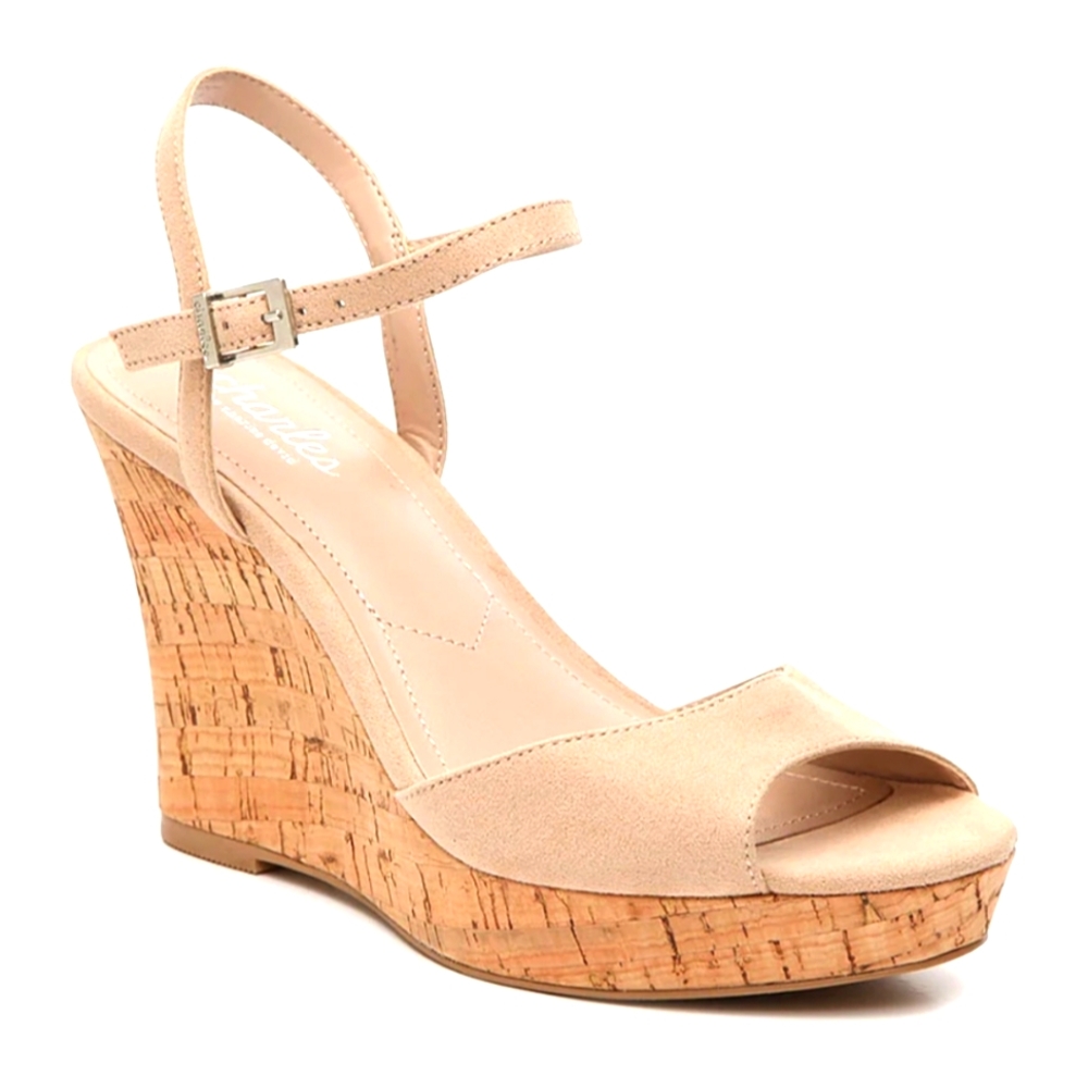 CHARLES DAVID Beige Vegan Suede Lambert Wedge Sandals Size 10, New